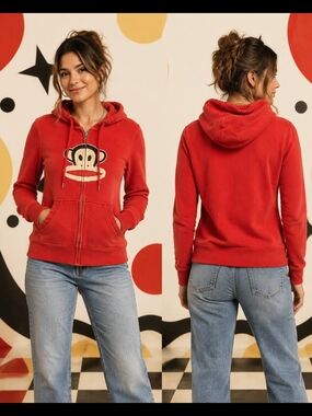 Paul Frank Red Zip-Up Hoodie with Signature Monkey Graphic